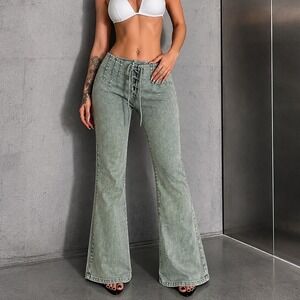 LFD Womens Jeans Size Large Sage Green Acid Wash Lace Up Front High Waist Flare